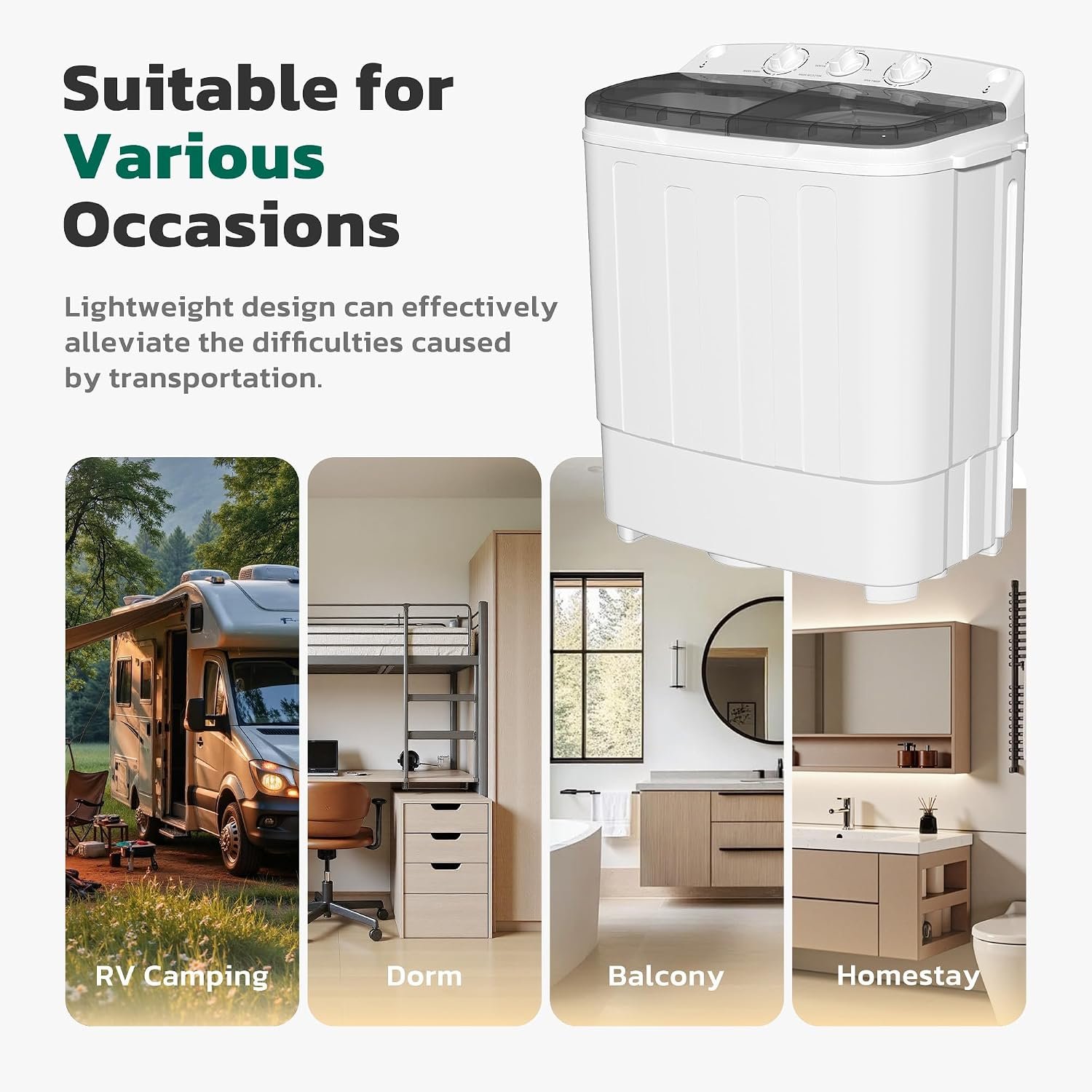 Greenvelly Portable Washing Machine, 25lbs Twin Tub Washer and Spinner Combo, Semi‑Automatic 14.3lbs Wash & 11lbs Spin Mini Compact Laundry Machine for Dorms, Apartments, RVs, Camping (White & Grey) - Image 7