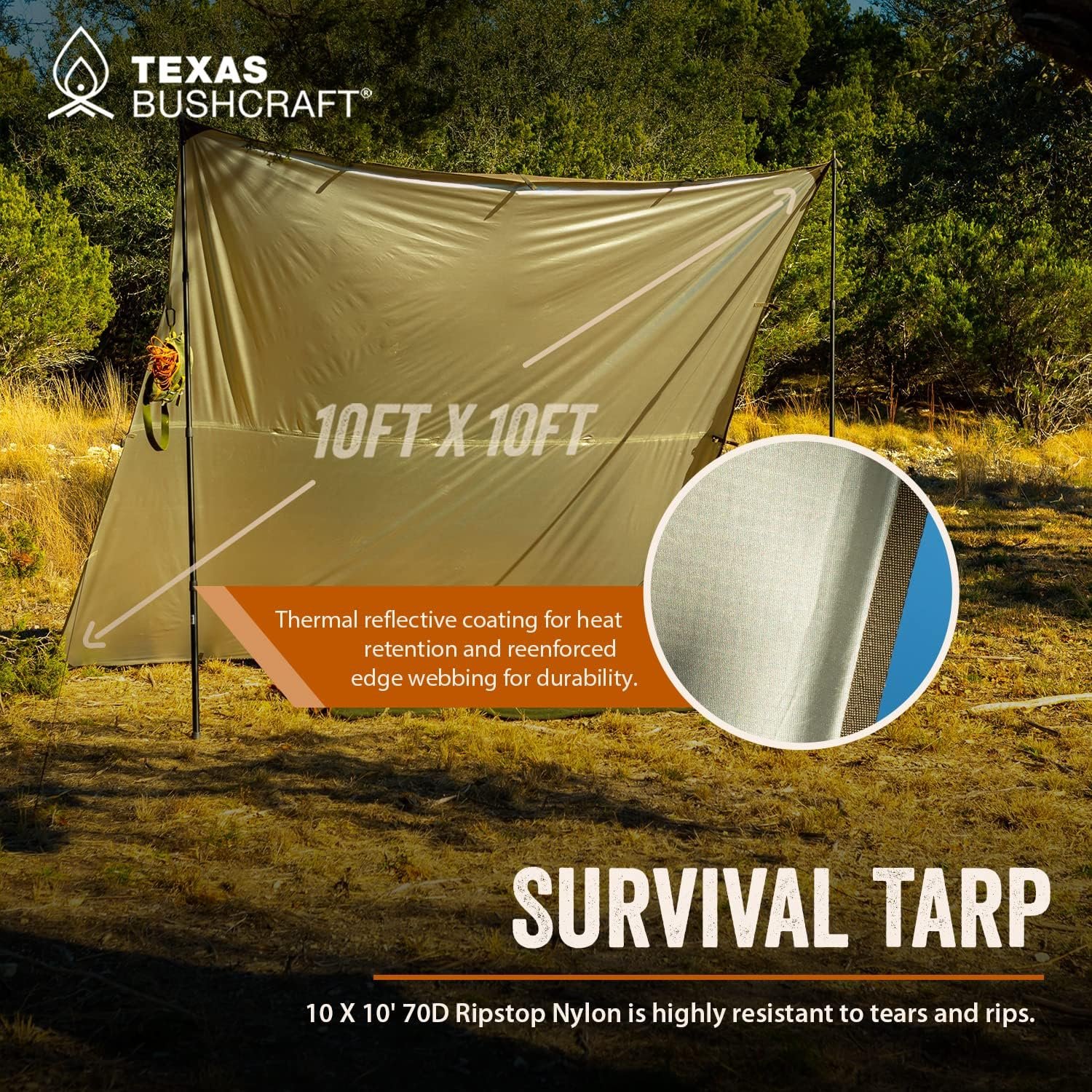 Texas Bushcraft Emergency Camping Tarp, Waterproof 10x10 Emergency Shelter for Backpacking and Hiking, 70D Ripstop Nylon Survival Tarp with Reflective Aluminized Polymer and Loop Ties with Grommets - Image 3