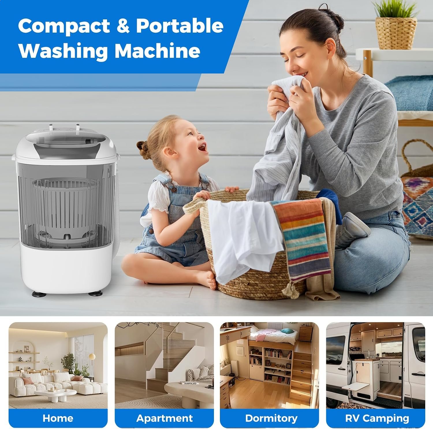 COSTWAY Mini Portable Washing Machine, 5.5 lbs Capacity, Compact Laundry Washer with Spin Tub & Drain Hose, Perfect for Apartment Dorms RV Home (Grey) - Image 7