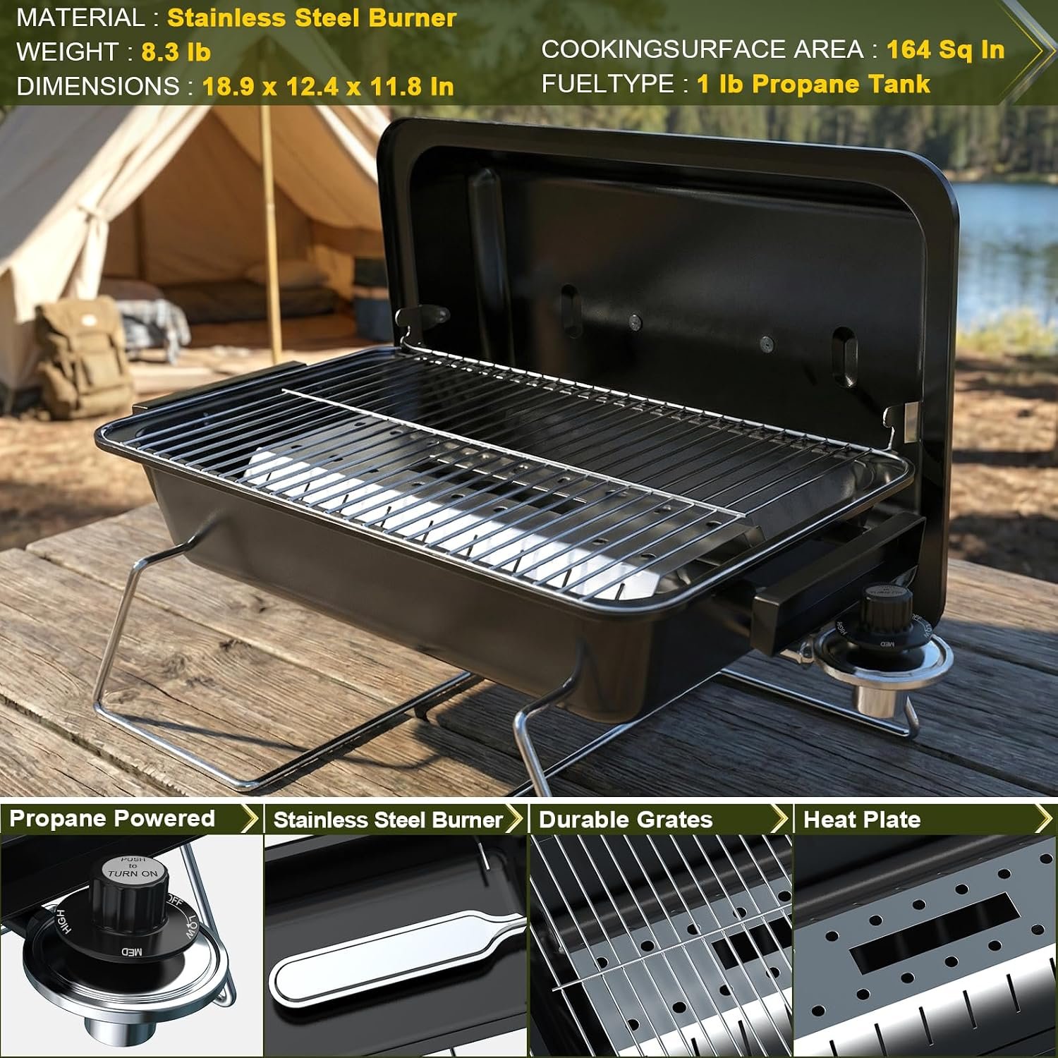BESTFIRE Portable Propane Gas Grill with New 2-in-1 Valve - Compatible with Large Tank & Small Cylinder, Gas Grill with Foldable Legs & Adjustable Regulator,Heavy Duty, Perfect for Outdoor Camping - Image 3