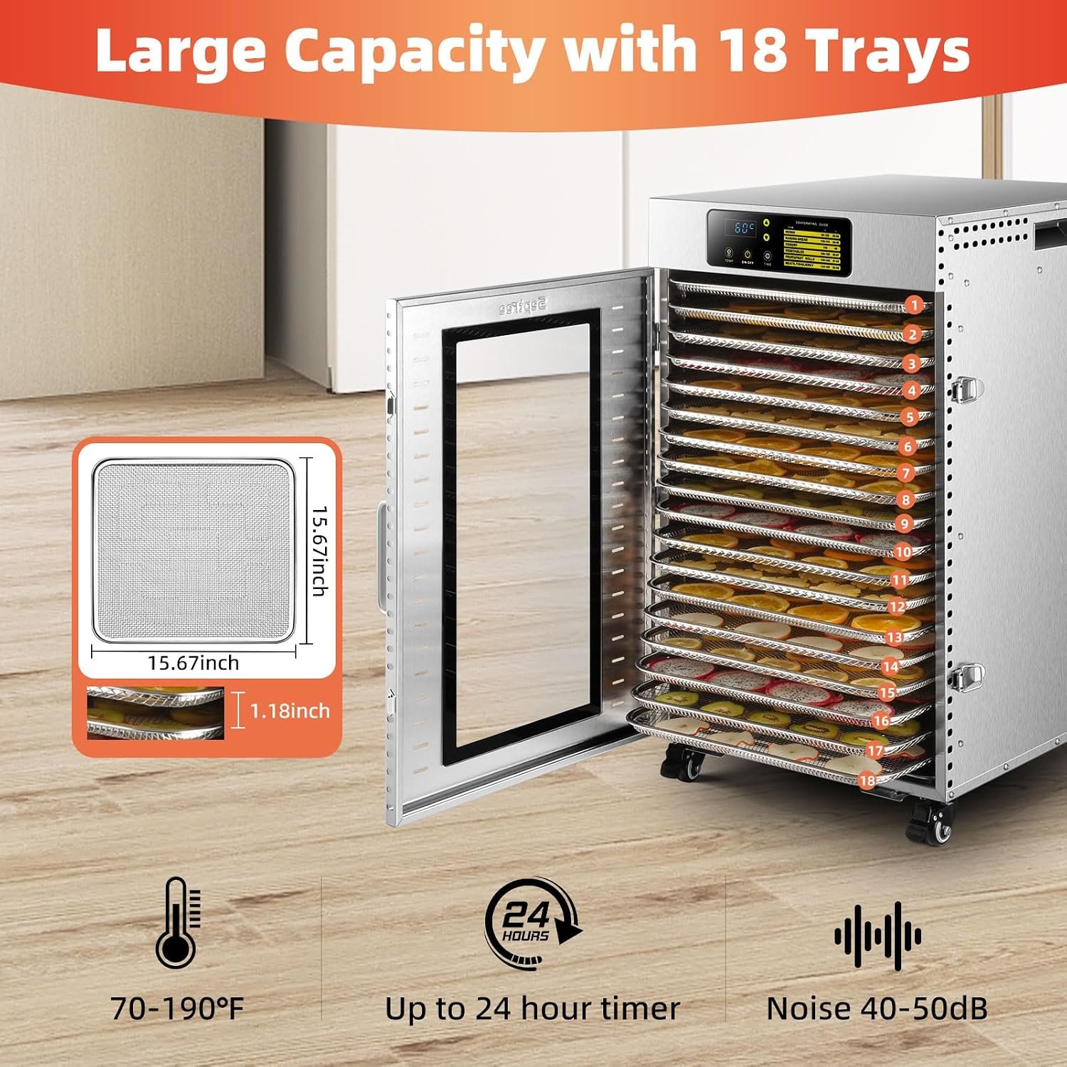 Commercial Food Dehydrator 18 Trays, 2000W Large Capacity 34.42ft² Food Dryer Machine for Jerky, Meat, Fruit, Herbs, Full Stainless Steel Industrial Dehydrater Biltong Maker - Image 4