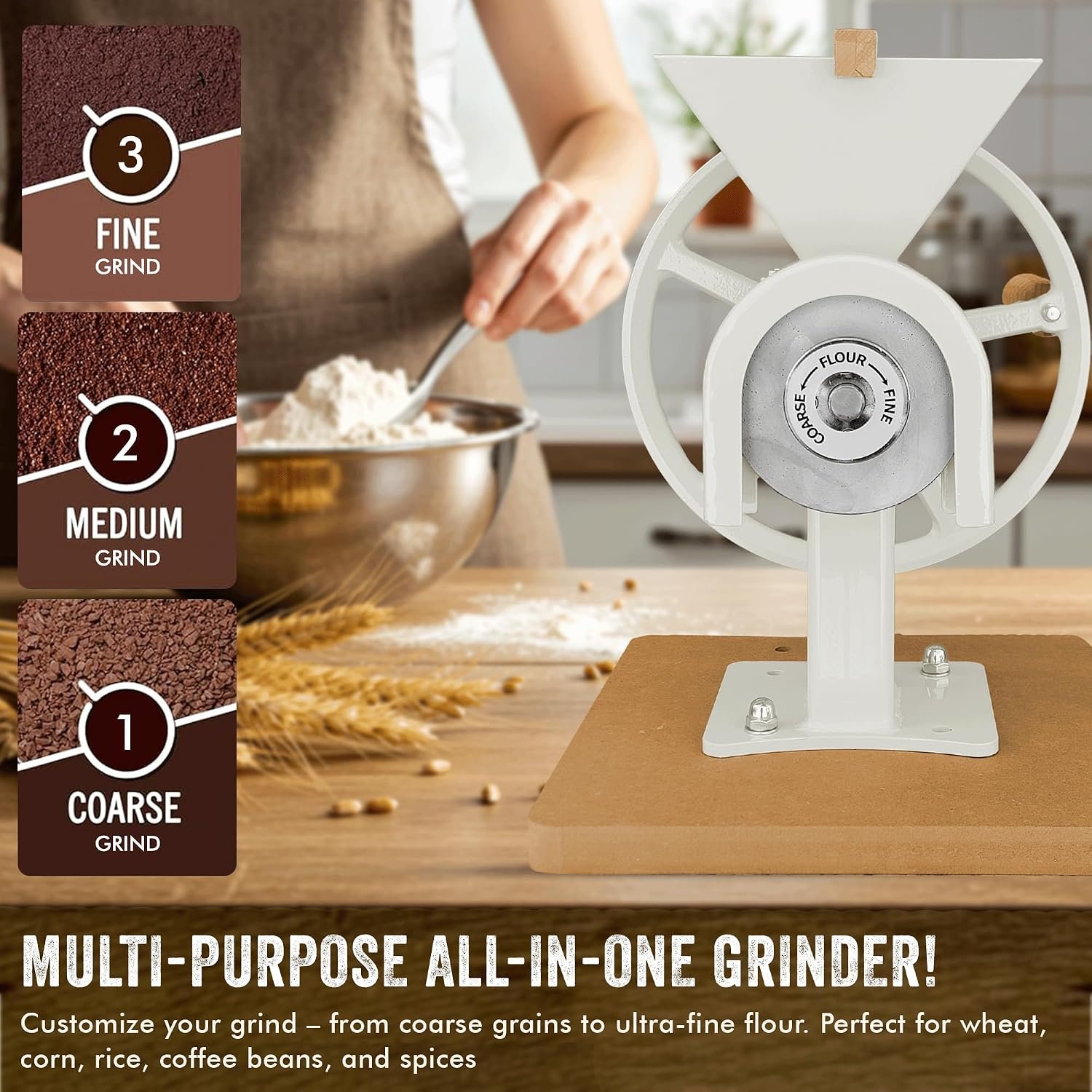 Manual Hand Grain Mill White | Heavy-Duty Hand Operated Food Grinder for Wheat, Corn, Oats, Coffee Beans, Rice & Dry Grains | Hand Crank Kitchen Flour Mill for Home, Camping, Survival & Everyday Use - Image 6
