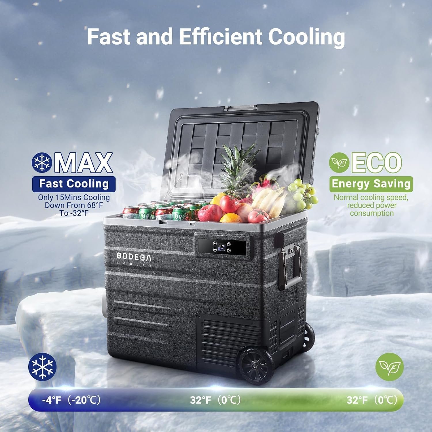 BODEGACOOLER 12 Volt Car Refrigerator,58QT(55L) Car Fridge with Wheels,RV Portable Freezer Single Zone,with APP Control,-4℉-68℉ Car Cooler,12/24V DC & 100-240V AC,for Travel,Camping,Outdoor,Vehicles - Image 2