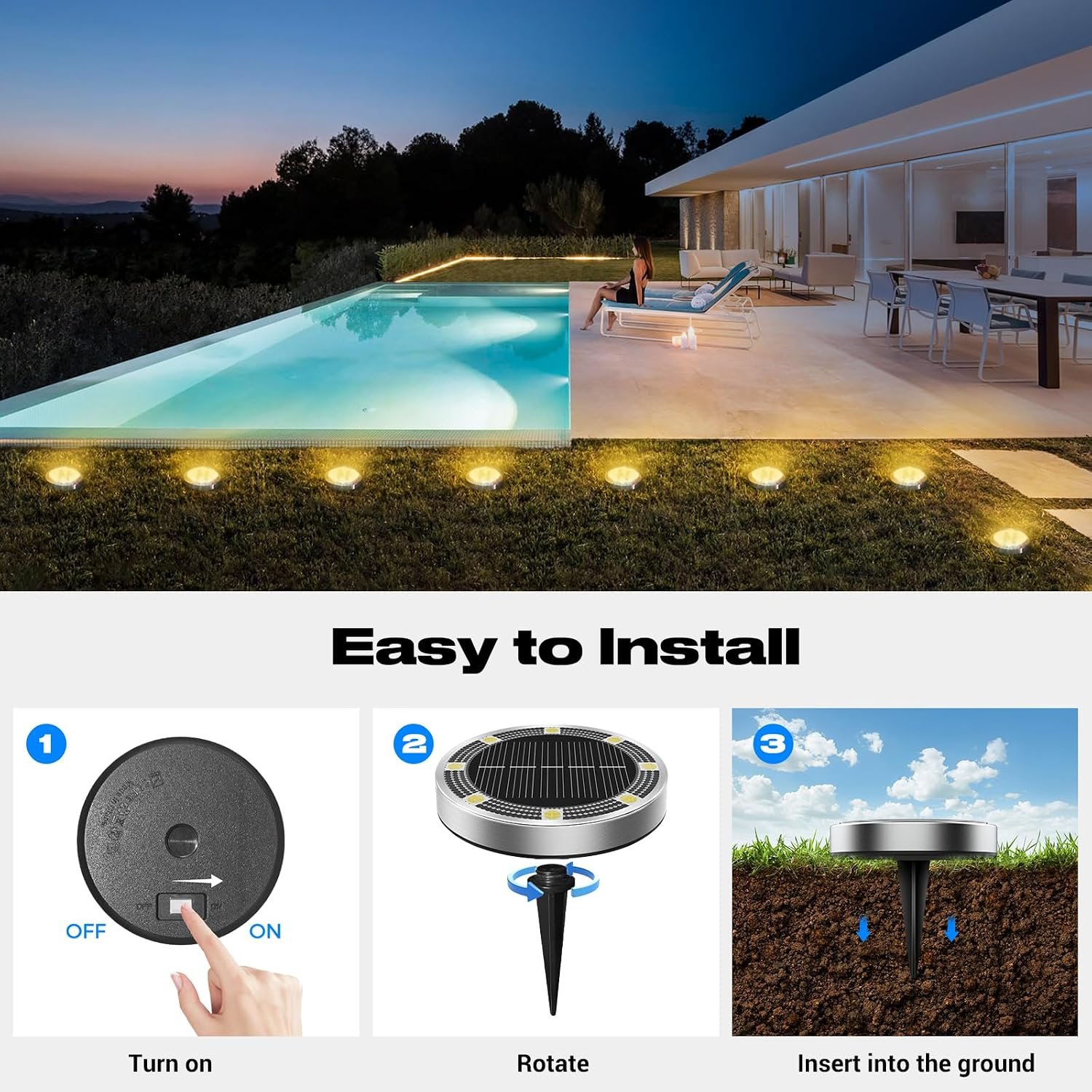 Peasur Solar Lights Outdoor Waterproof -12 Pack Solar Ground Lights Anti-Rust, Flat Solar Powered Disc Lights Landscape Lighting for Deck Step Patio Yard Pathway Walkway Driveway Garden, Warm White - Image 4