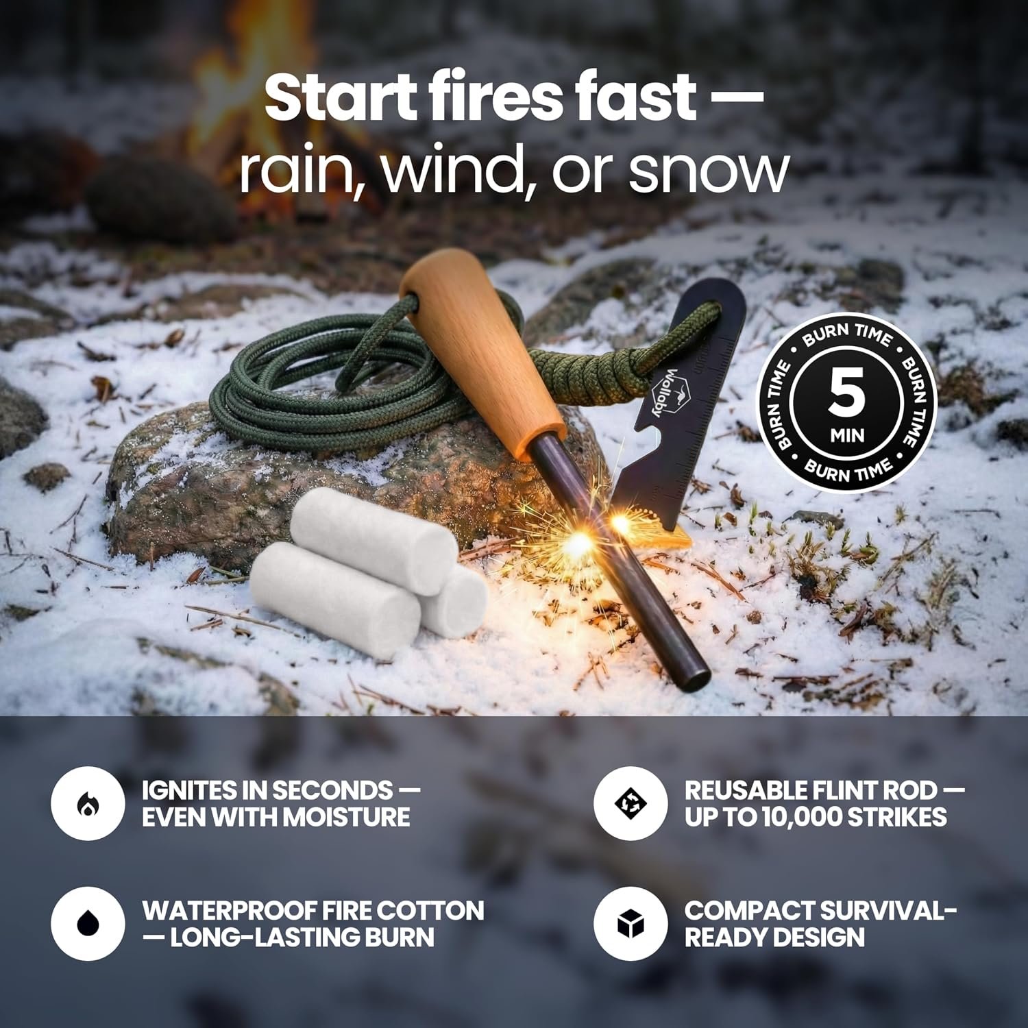 Wallaby Waterproof Emergency Fire Starter Kit & Flint Rod Striker (33-Pack) - Image 2