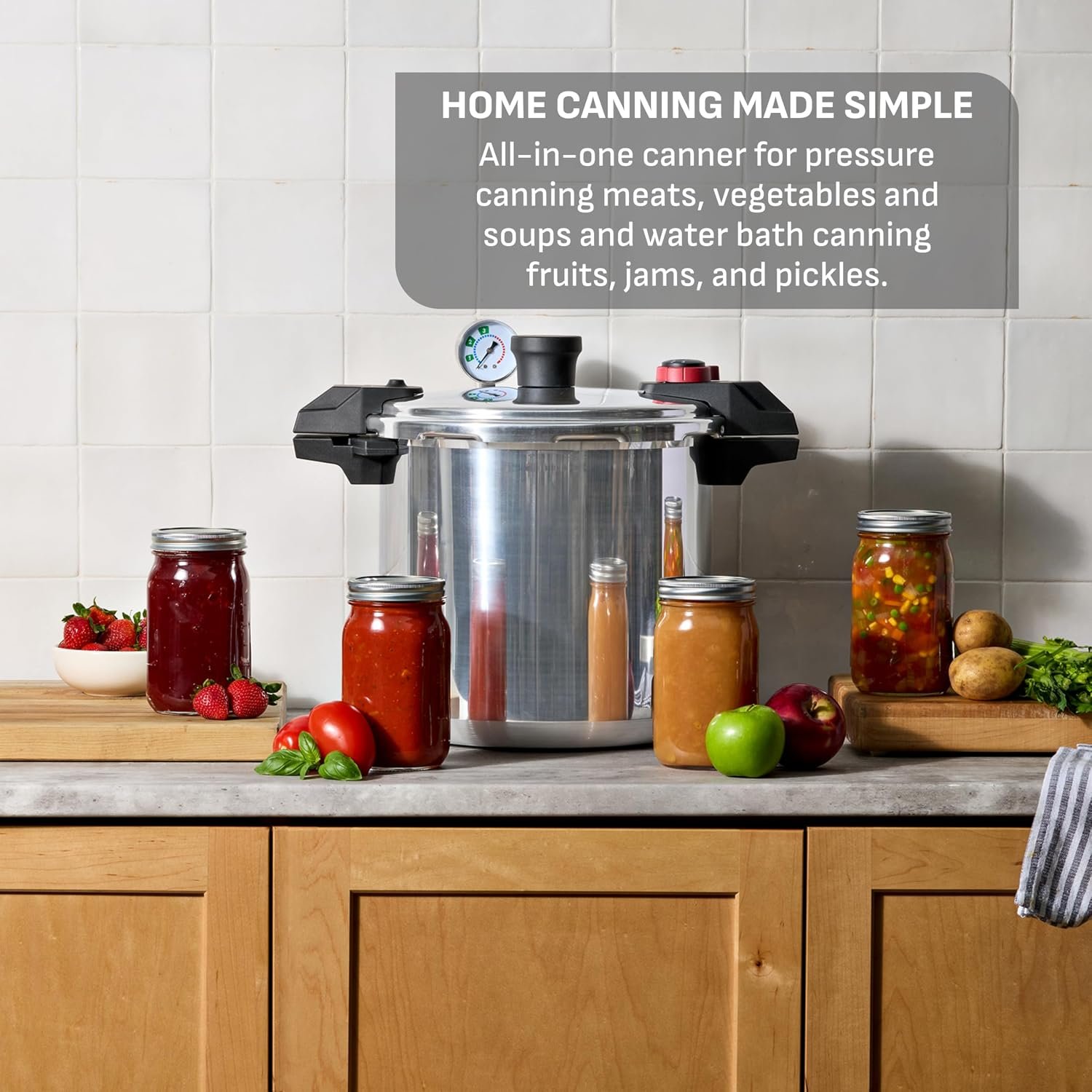 T-fal 22-Quart Aluminum Pressure Canner, 3 PSI Settings, Home Canning, Includes Racks & Canning Guide, Large Capacity, Pressure & Water Bath Canning for Vegetables, Meats, Seafood & Fruits, Silver - Image 3