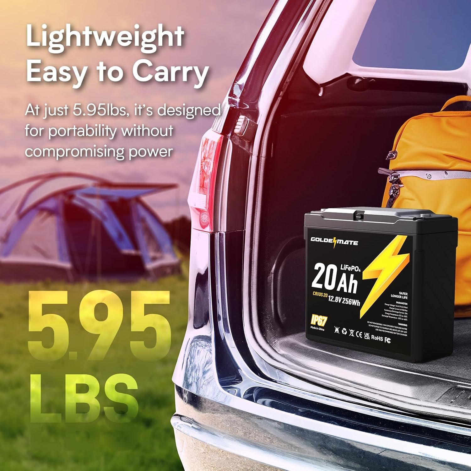 GOLDENMATE 12V 20Ah Lithium LiFePO4 Battery(2 Packs), IP67 Waterproof - Image 4
