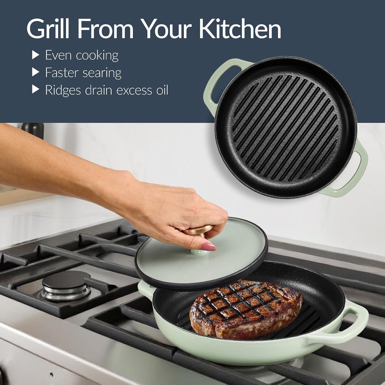 Best Choice Products 6-Piece Cast Iron Cookware Set, Ceramic Coated 6Qt Dutch Oven, 2Qt Skillet W/Lid, 10" Grill Pan W/Press, Non-toxic, Heavy Duty, Gas/Induction Compatible, PFAS Free - Sage - Image 4
