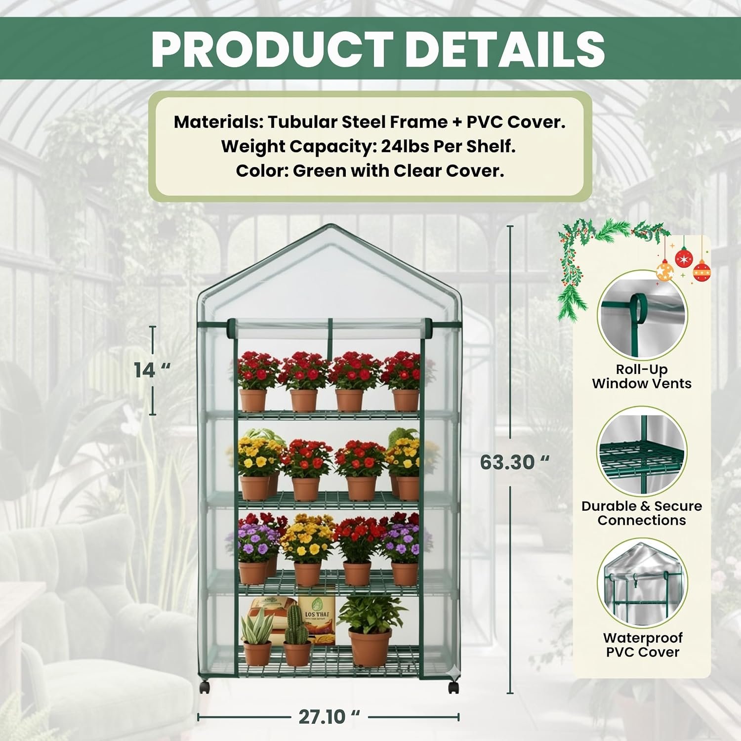 4 Tier Mini Greenhouse - Portable Greenhouse with Locking Wheels and PVC Cover for Indoor or Outdoor Green House by Pure Garden - Image 5