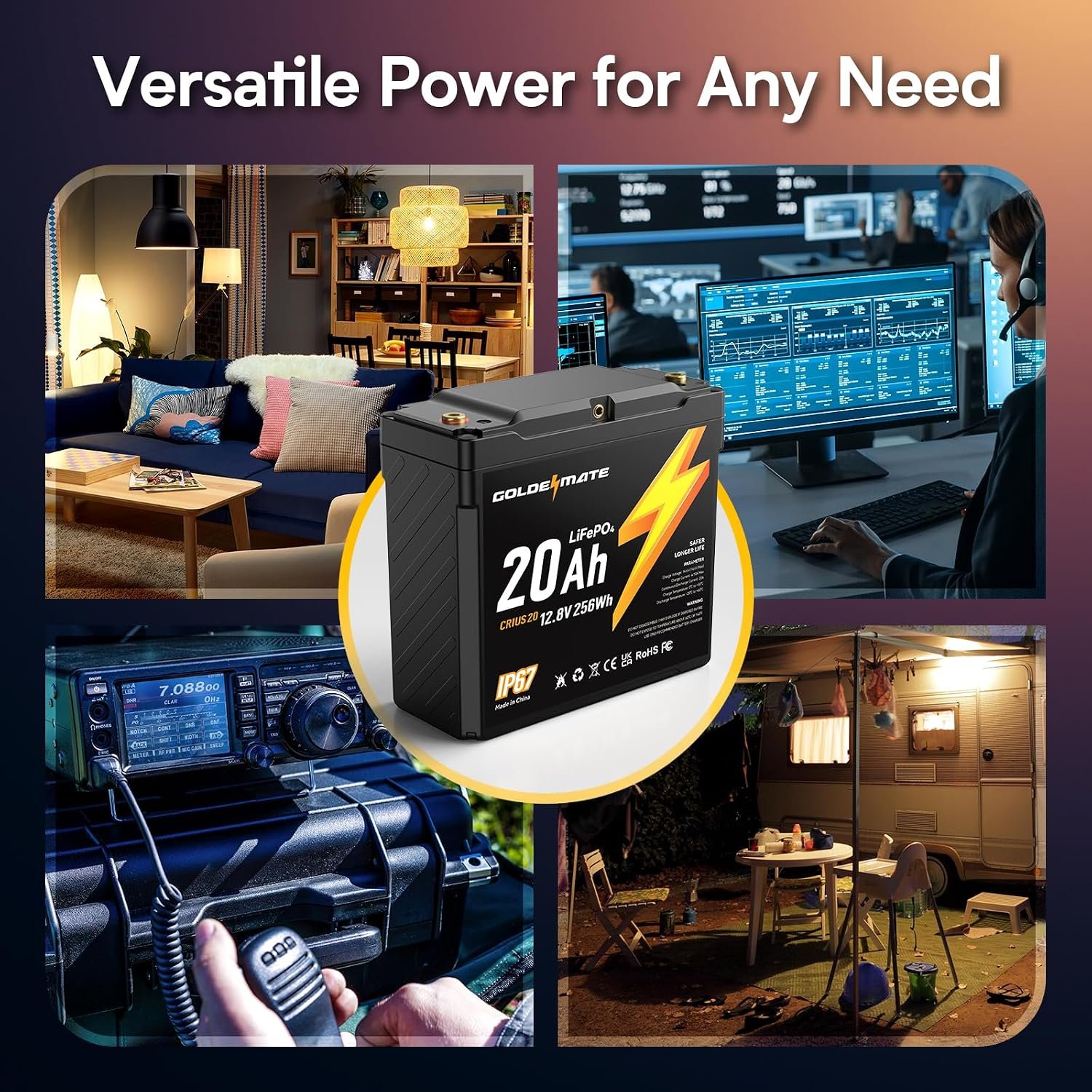 GOLDENMATE 12V 20Ah Lithium LiFePO4 Battery(2 Packs), IP67 Waterproof - Image 7