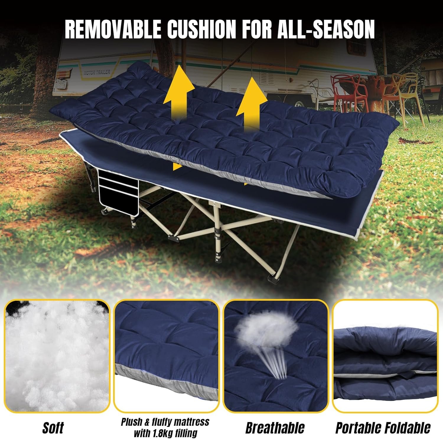 YELLOW JACKET Folding Camping Cot for Adults,600LBS Max Load,28" Wide Sleeping Cot with Removable Thick Mattress Portable Foldable Camping Bed with Carry Bag for Camp,Home,Office,Travel,Blue - Image 4
