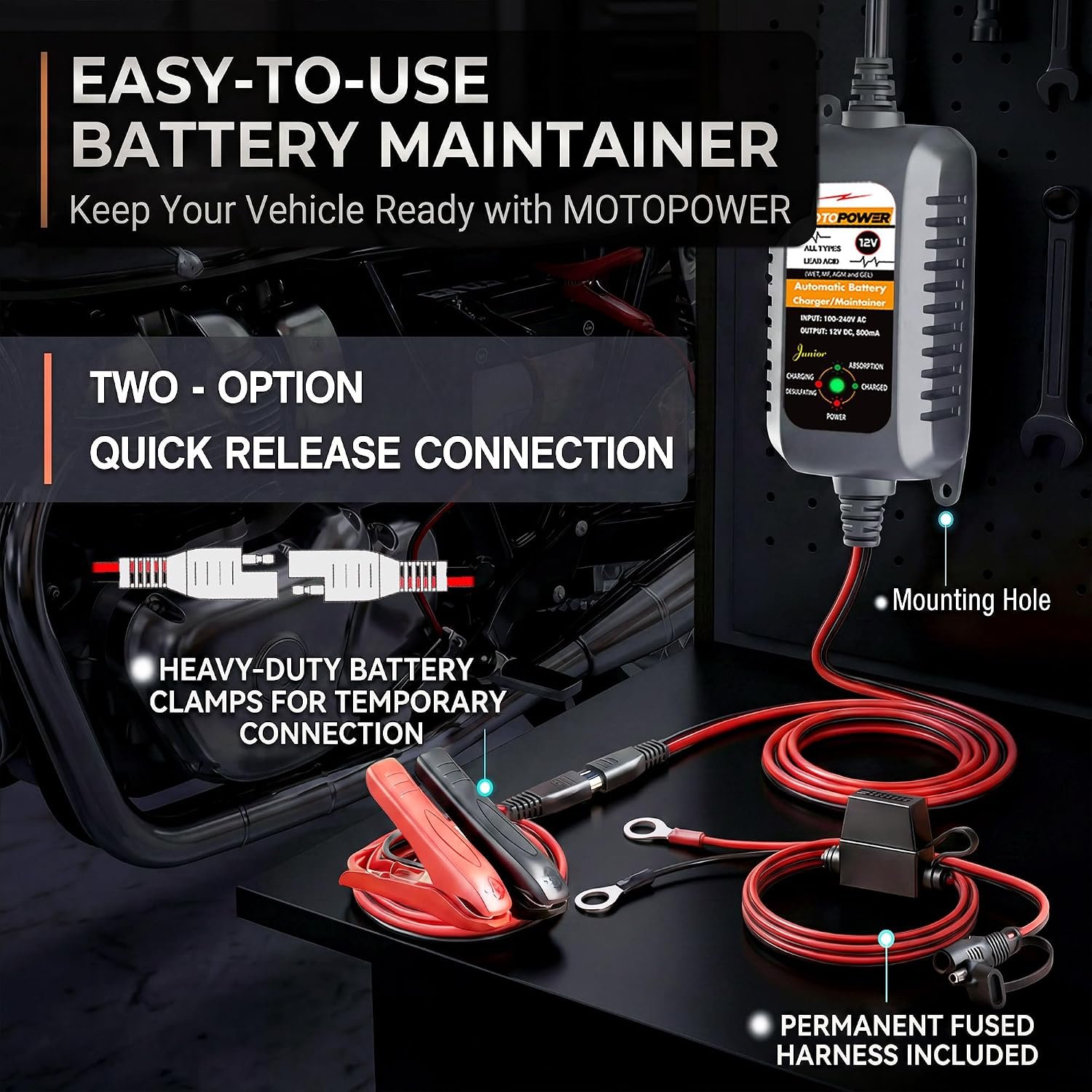 MOTOPOWER MP00205A 12V 800mA Automatic Battery Charger, Maintainer, Trickle and Desulfator - Image 9