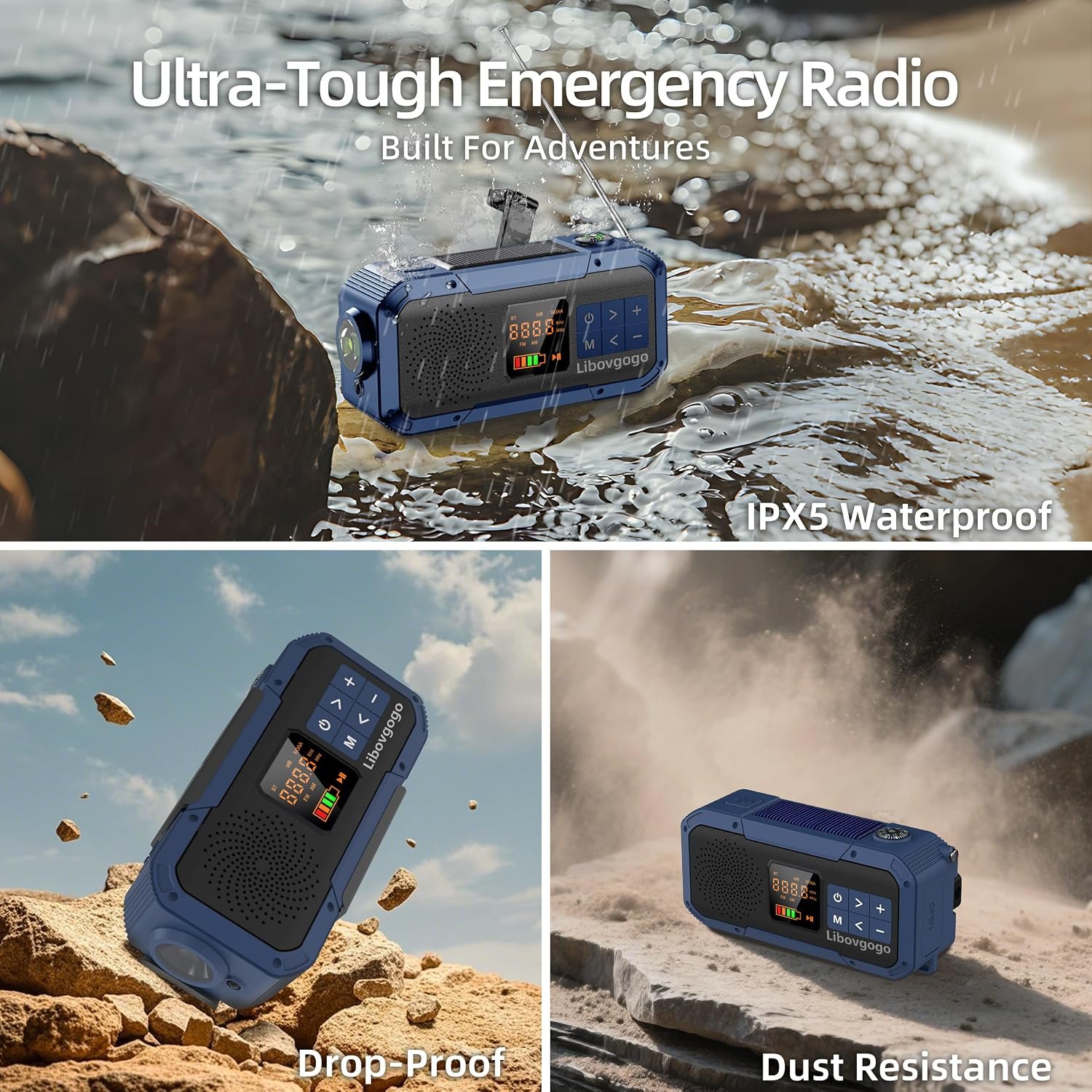 Emergency Weather Radio with IPX5 Waterproof Portable Bluetooth Speaker,USB-C Solar Hand Crank,NOAA Alarm AM FM Radio,Flashlight,SOS Alarm,2000mAh Cell Phone Charger for Camping and Survival (Blue) - Image 6