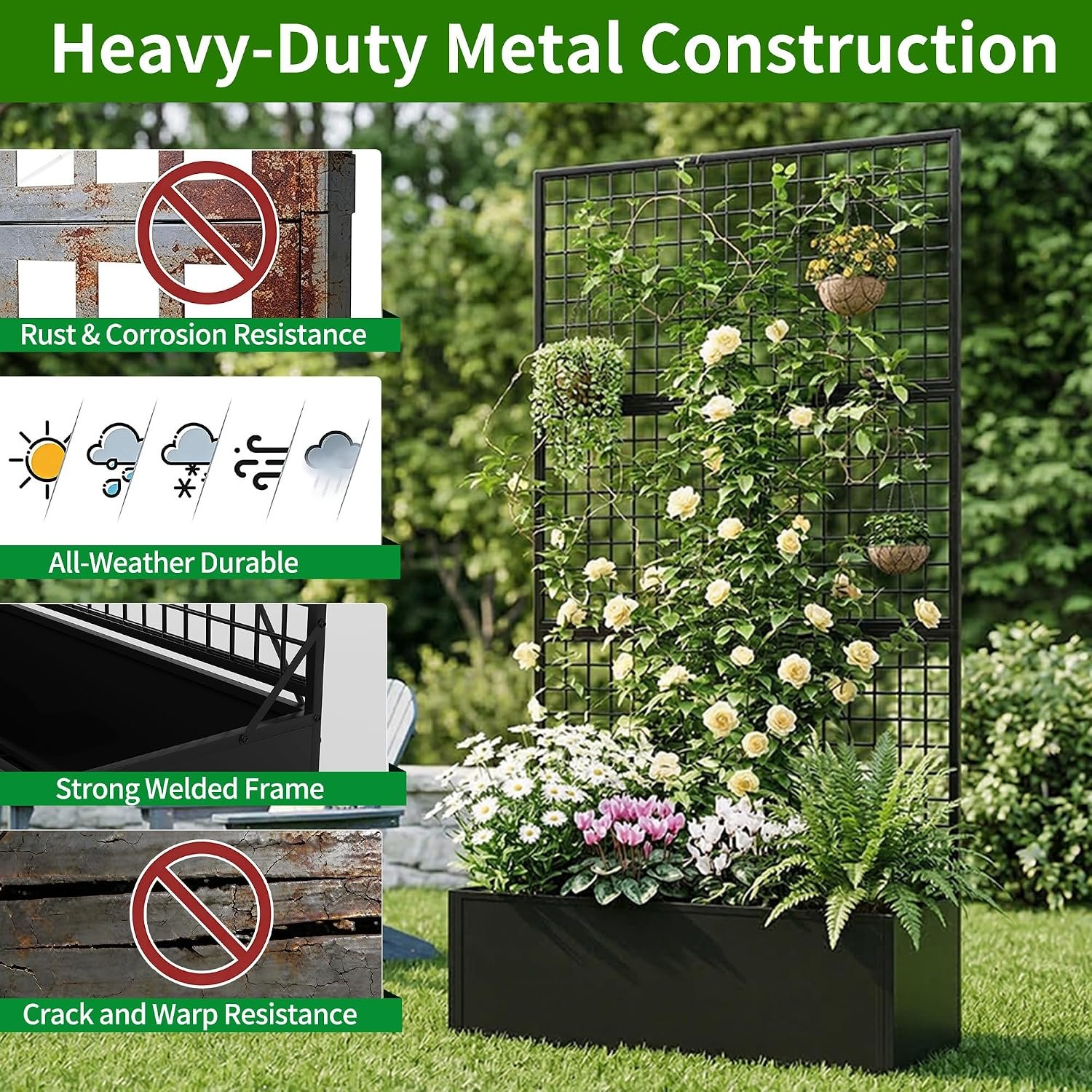Privacy Planters for Patio – Metal Raised Garden Bed with Trellis and Privacy Screen, 71" x 35" x 16" Planter Box with Drainage Holes for Climbing Plants, Vegetables, and Vines, Outdoor Backyard Black - Image 4