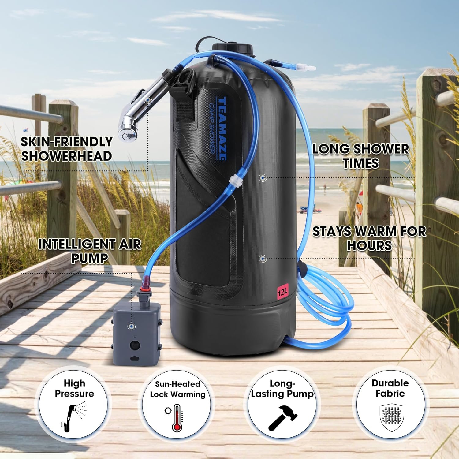Portable Shower,12L/3.2 Gal Solar Camping Shower Bag with Auto Pressure Pump,Portable Outdoor Shower for Camping,Beach,Hiking,RV,Pet Bath - Image 2