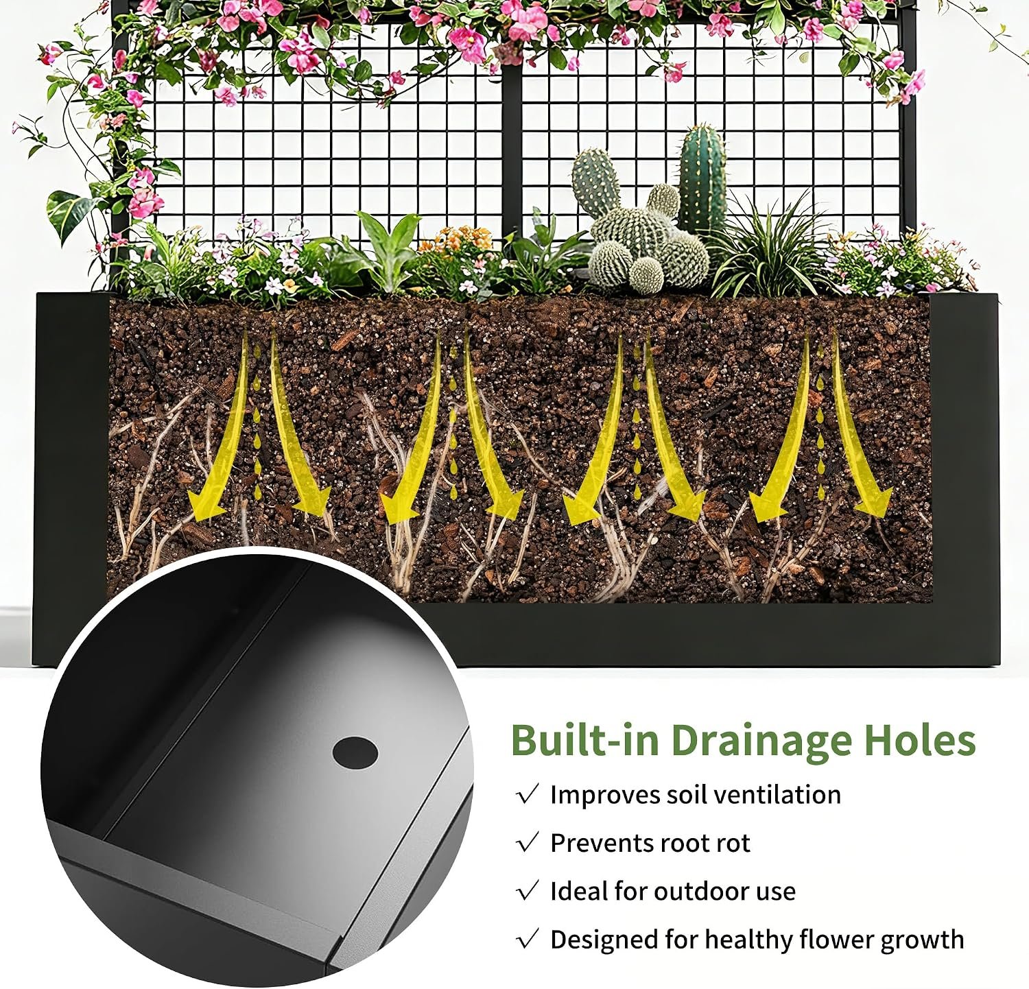 Privacy Planters for Patio – Metal Raised Garden Bed with Trellis and Privacy Screen, 71" x 35" x 16" Planter Box with Drainage Holes for Climbing Plants, Vegetables, and Vines, Outdoor Backyard Black - Image 5
