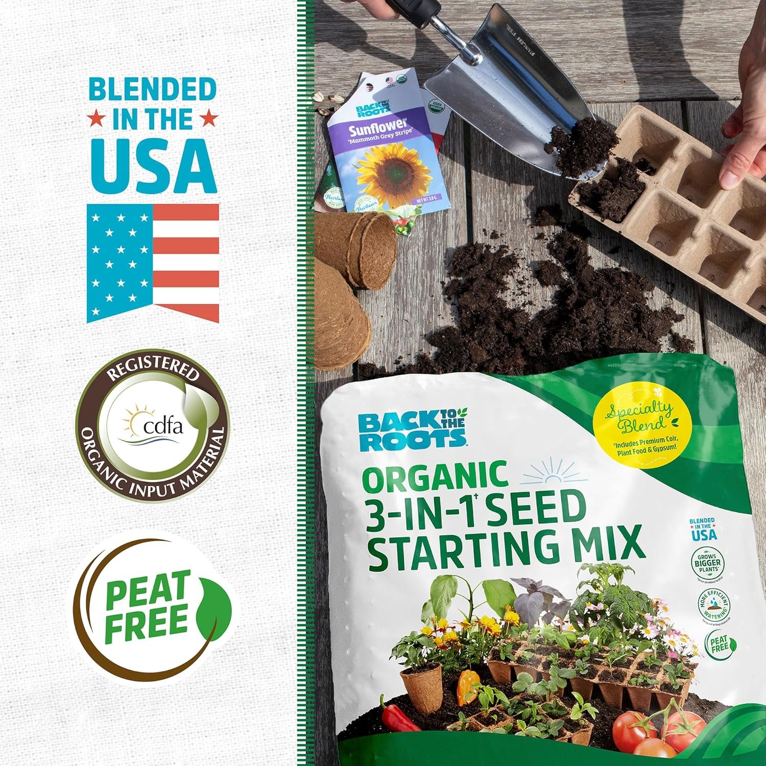 Back to the Roots 3-in-1 Seed Starting Mix 6 Quarts, 100% Organic & USA Made for Herbs, Veggies, Flowers, w/Nutrient Rich Plant Food, Worm-Castings, & Moisture Controlling Yucca Brown - Image 2