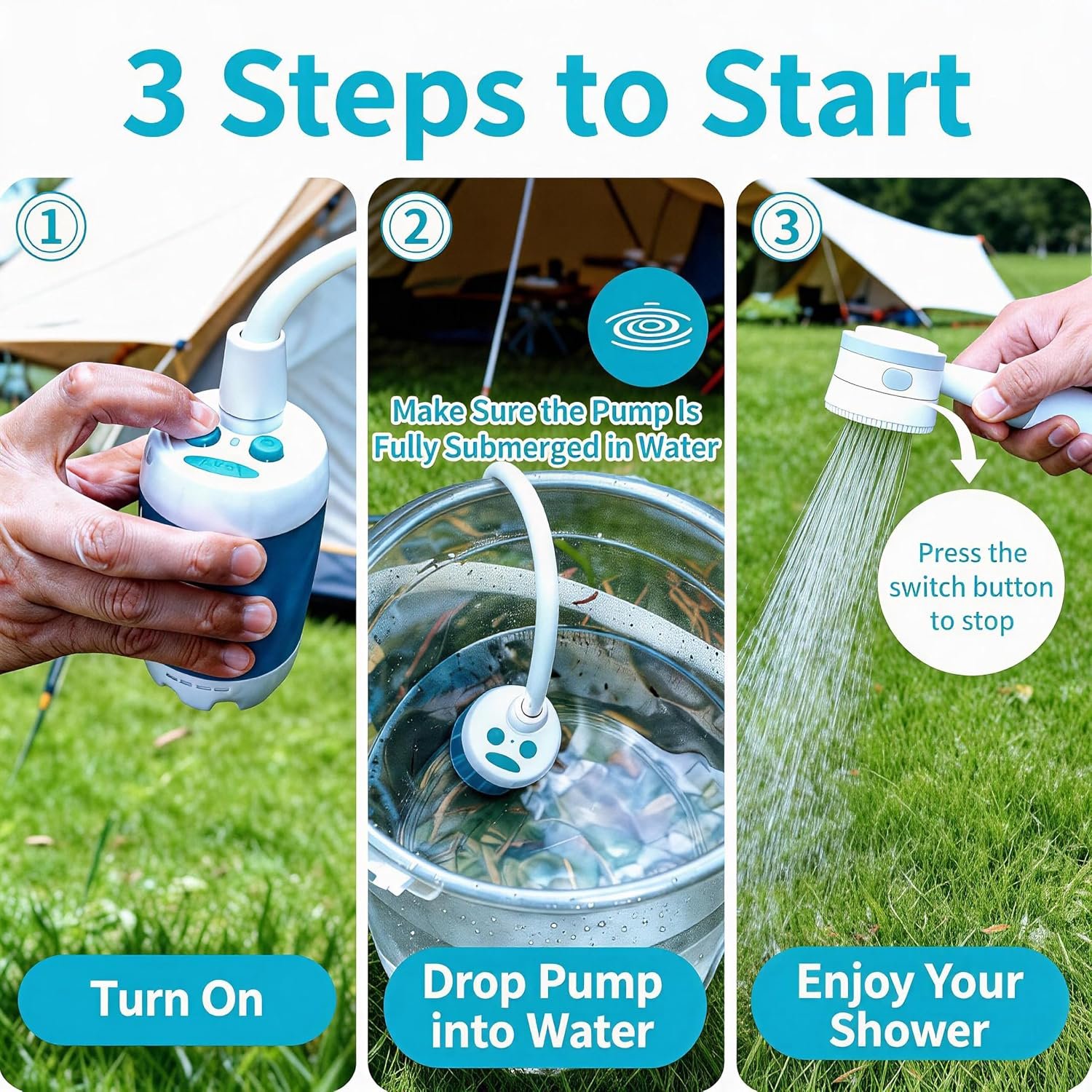 Portable Camping Shower Pump - Rechargeable Outdoor Shower Head Sprayer, Pumps Water from Bucket. Experience Refreshment Anywhere, Perfect for Camping, Hiking, Travel, Car Washing & Pet Cleaning - Image 6