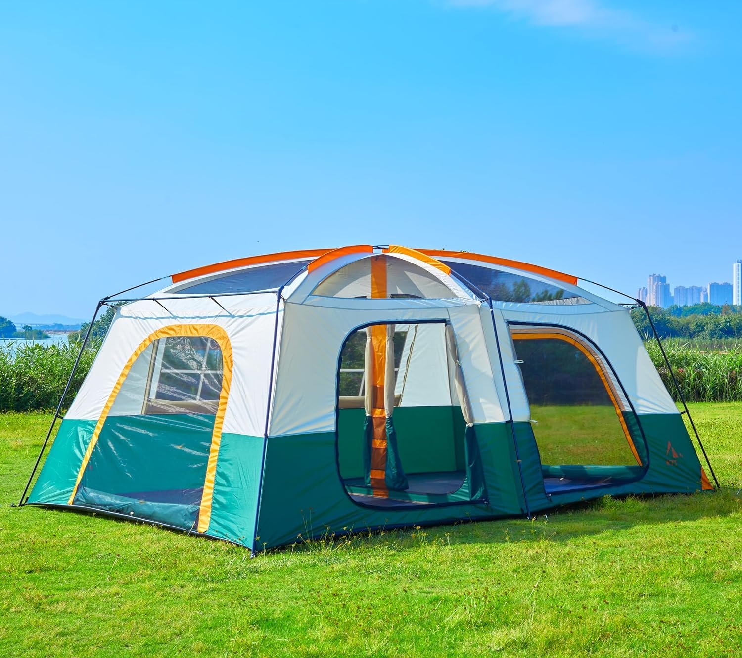 KTT Extra Large Tent 12-14 Person,Family Cabin Tents,2 Rooms,Straight Wall,2 Doors 4 Windows with Mesh,Waterproof,Straight Wall,Big Tent for Outdoor,Picnic,Camping,Gathering(Brown) - Image 7
