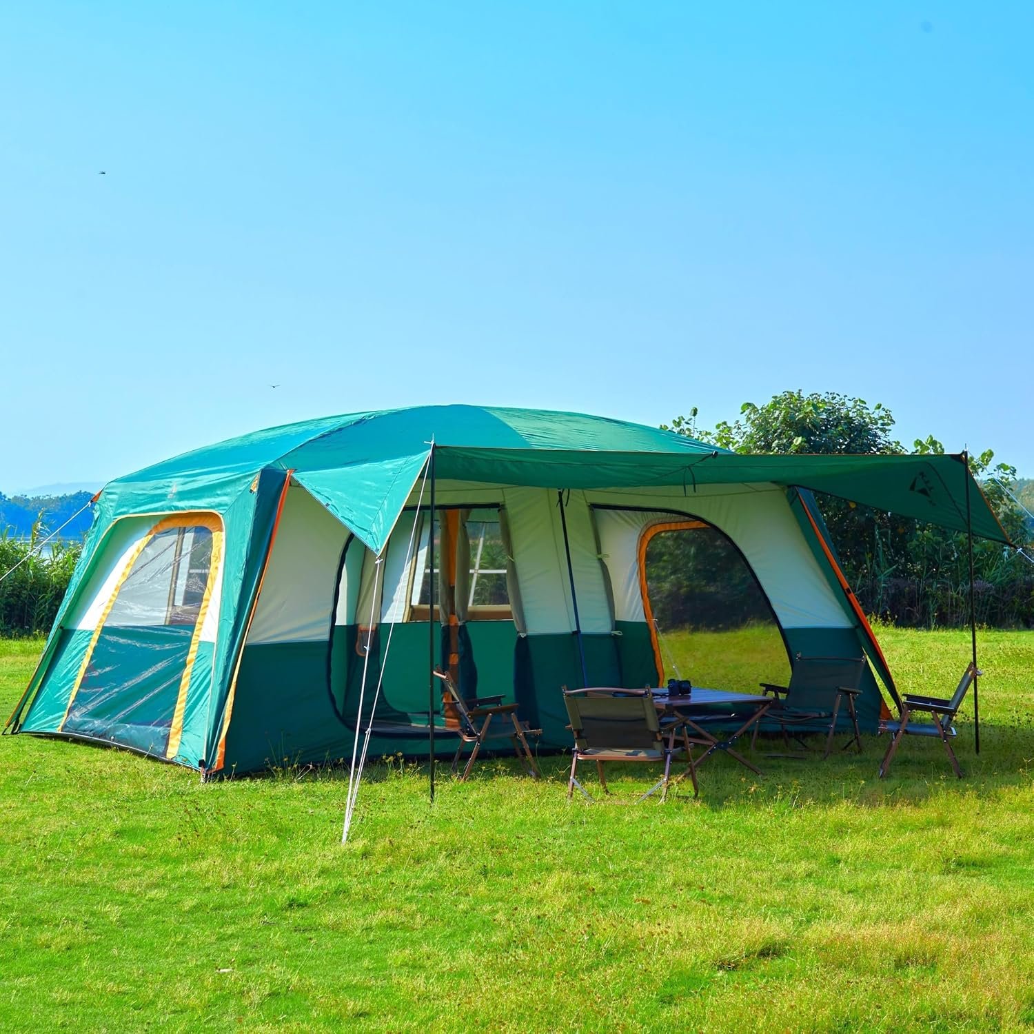 KTT Extra Large Tent 12-14 Person,Family Cabin Tents,2 Rooms,Straight Wall,2 Doors 4 Windows with Mesh,Waterproof,Straight Wall,Big Tent for Outdoor,Picnic,Camping,Gathering(Brown) - Image 2