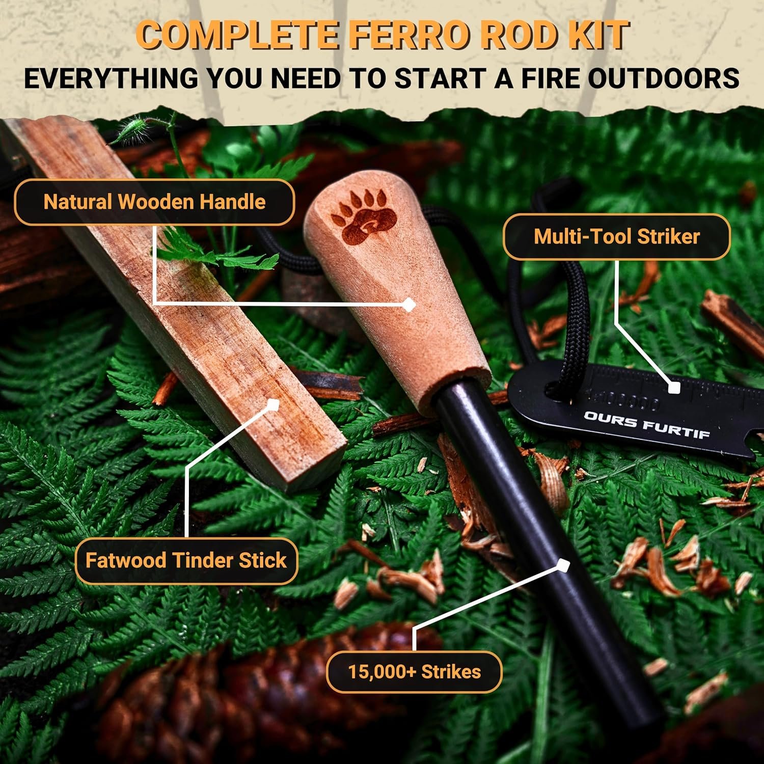 Ferro Rod Fire Starter Kit with Fatwood Tinder Stick - 3/8" Thick Ferrocerium Flint and Steel Fire Starter, Multi-Tool Striker & Pouch - Survival Fire Steel for Camping, Bushcraft & Emergency - Image 2
