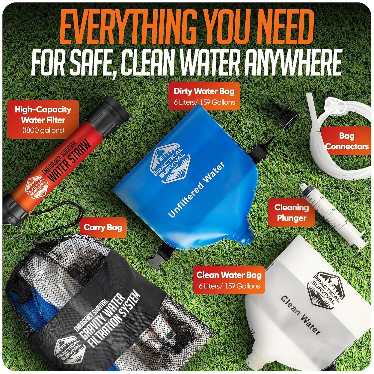 Gravity Water Filtration System – 2 High Capacity Lightweight Hanging Bags for Backpacking, Camping, Survival, Hiking, Hunting - Dirty, Clean Water Bags, Water Filter and Cleaning Plunger Included - Image 5