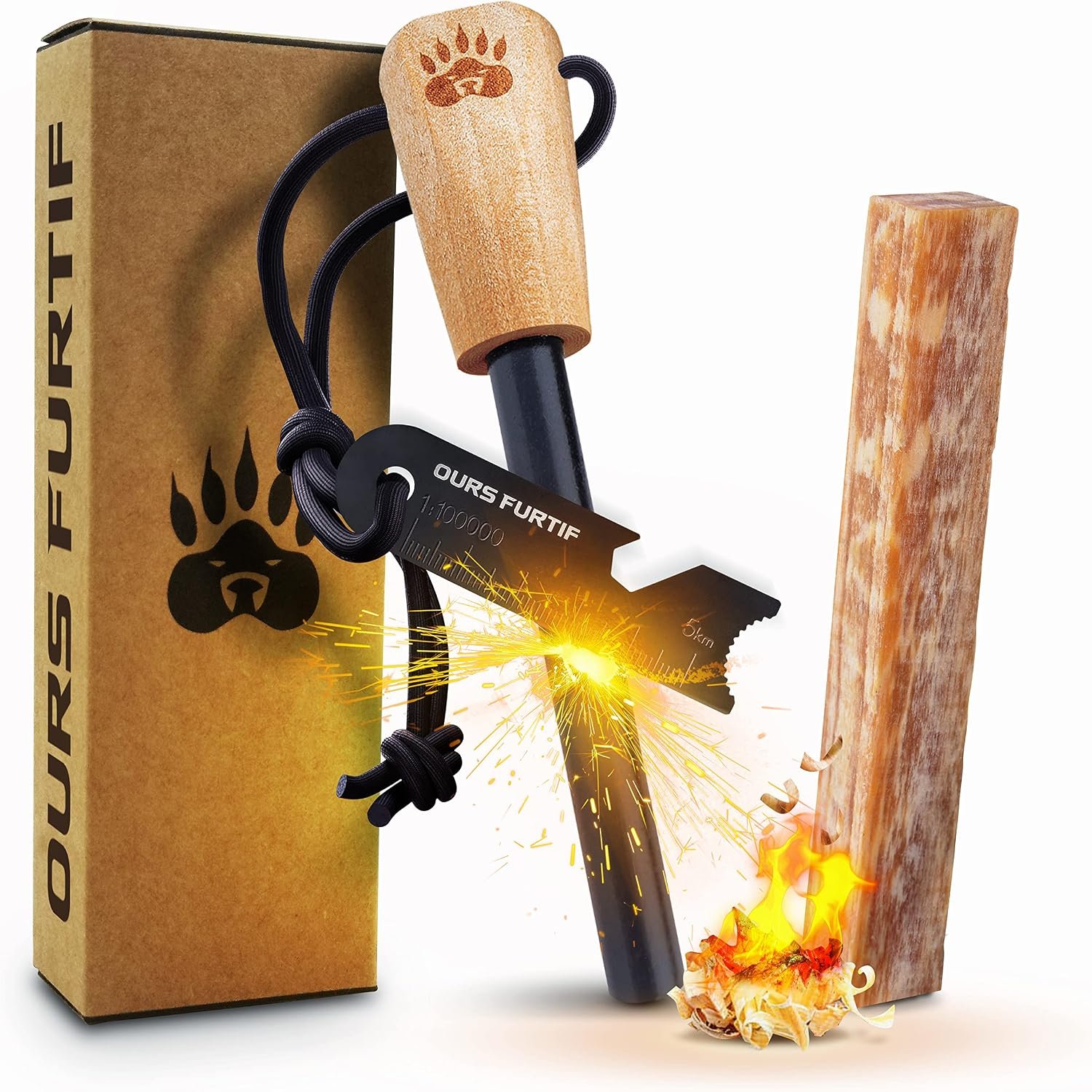 Ferro Rod Fire Starter Kit with Fatwood Tinder Stick - 3/8" Thick Ferrocerium Flint and Steel Fire Starter, Multi-Tool Striker & Pouch - Survival Fire Steel for Camping, Bushcraft & Emergency