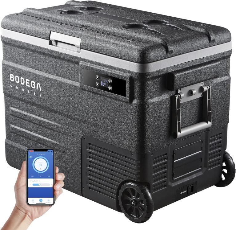 BODEGACOOLER 12 Volt Car Refrigerator,58QT(55L) Car Fridge with Wheels,RV Portable Freezer Single Zone,with APP Control,-4℉-68℉ Car Cooler,12/24V DC & 100-240V AC,for Travel,Camping,Outdoor,Vehicles
