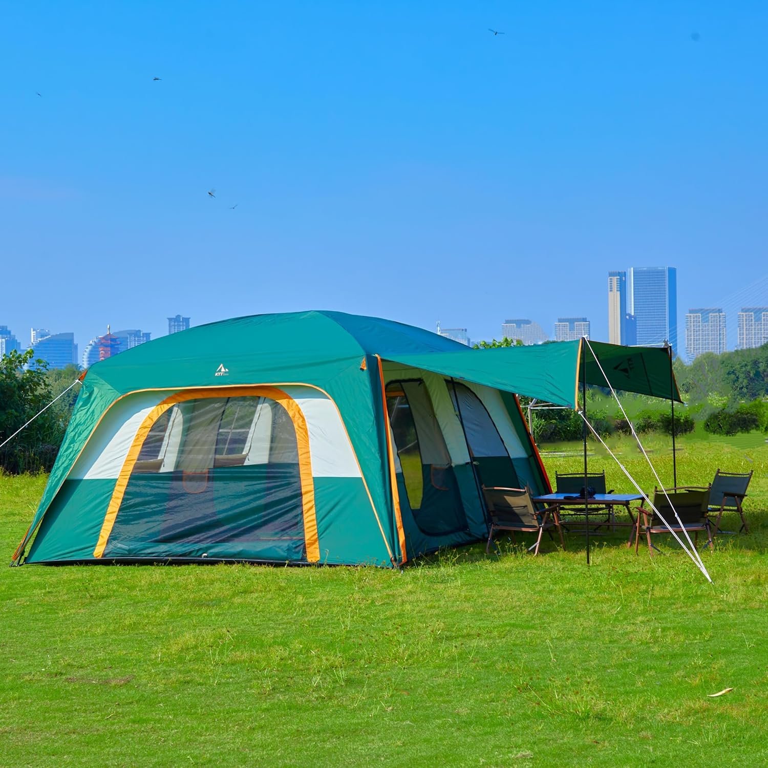 KTT Extra Large Tent 12-14 Person,Family Cabin Tents,2 Rooms,Straight Wall,2 Doors 4 Windows with Mesh,Waterproof,Straight Wall,Big Tent for Outdoor,Picnic,Camping,Gathering(Brown) - Image 11