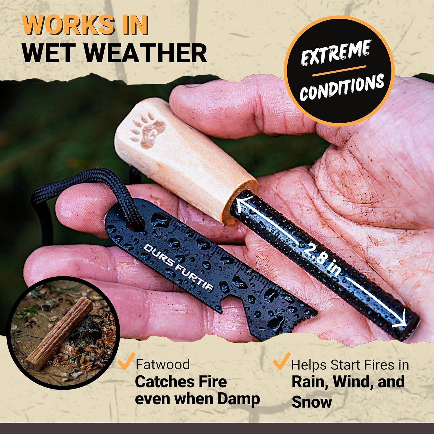 Ferro Rod Fire Starter Kit with Fatwood Tinder Stick - 3/8" Thick Ferrocerium Flint and Steel Fire Starter, Multi-Tool Striker & Pouch - Survival Fire Steel for Camping, Bushcraft & Emergency - Image 4