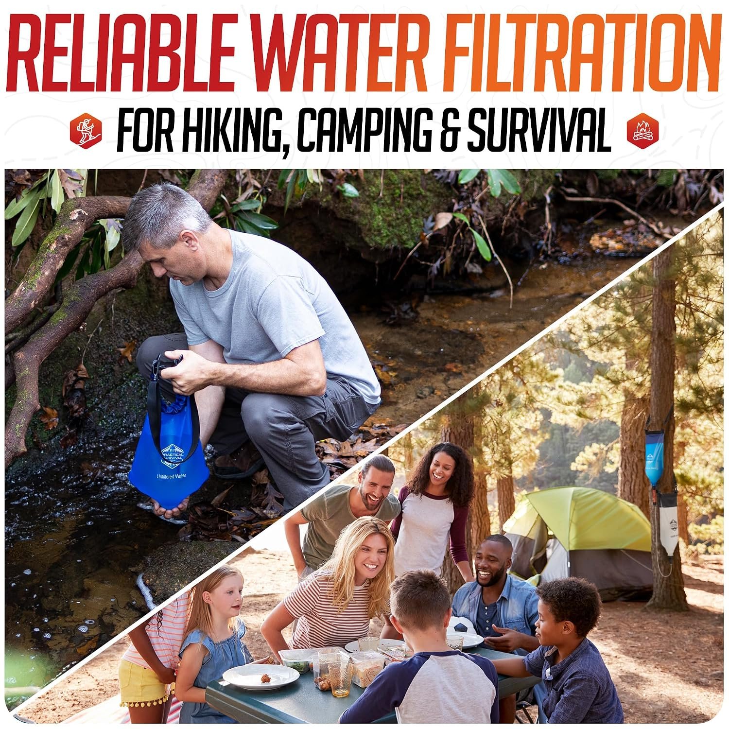 Gravity Water Filtration System – 2 High Capacity Lightweight Hanging Bags for Backpacking, Camping, Survival, Hiking, Hunting - Dirty, Clean Water Bags, Water Filter and Cleaning Plunger Included - Image 4