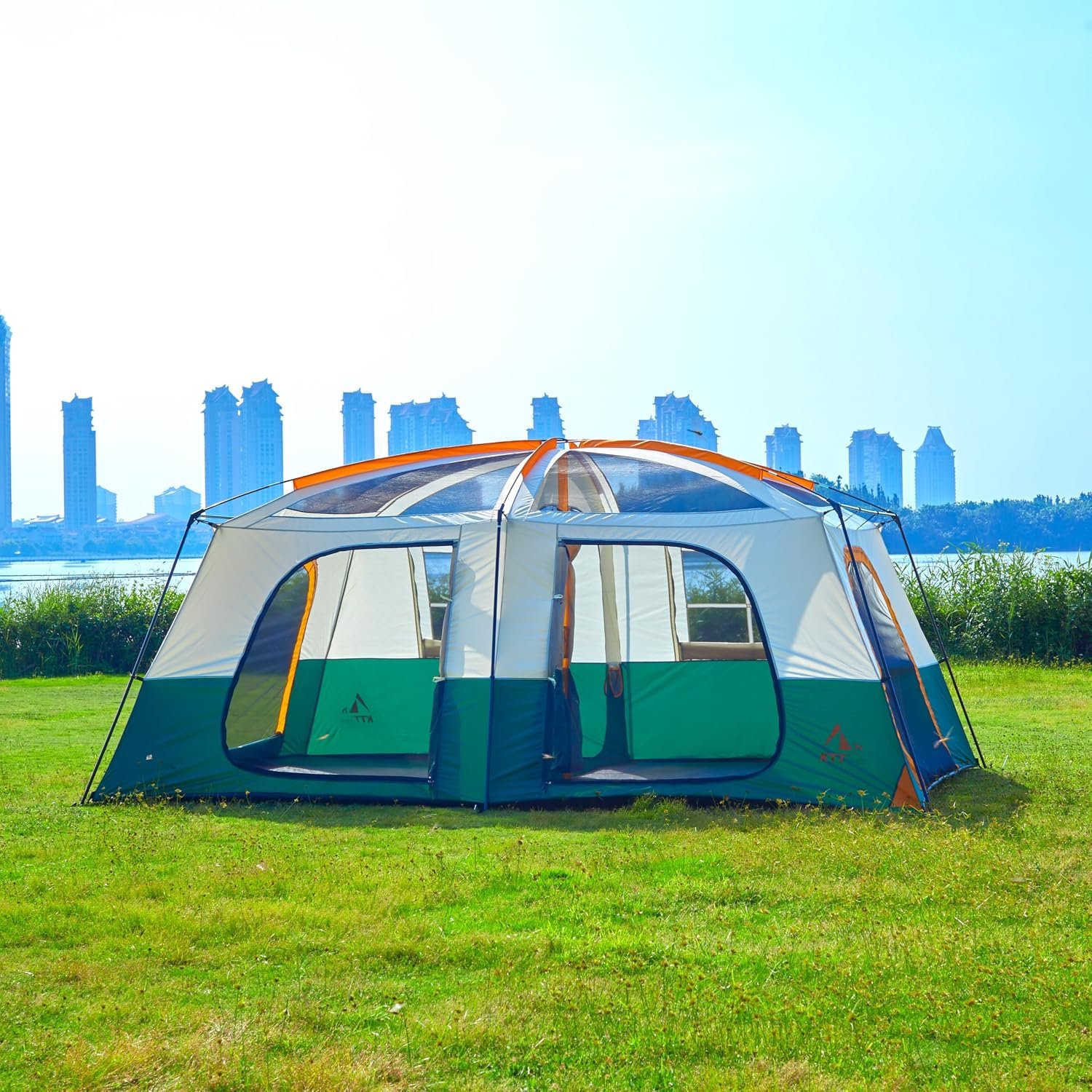 KTT Extra Large Tent 12-14 Person,Family Cabin Tents,2 Rooms,Straight Wall,2 Doors 4 Windows with Mesh,Waterproof,Straight Wall,Big Tent for Outdoor,Picnic,Camping,Gathering(Brown) - Image 4