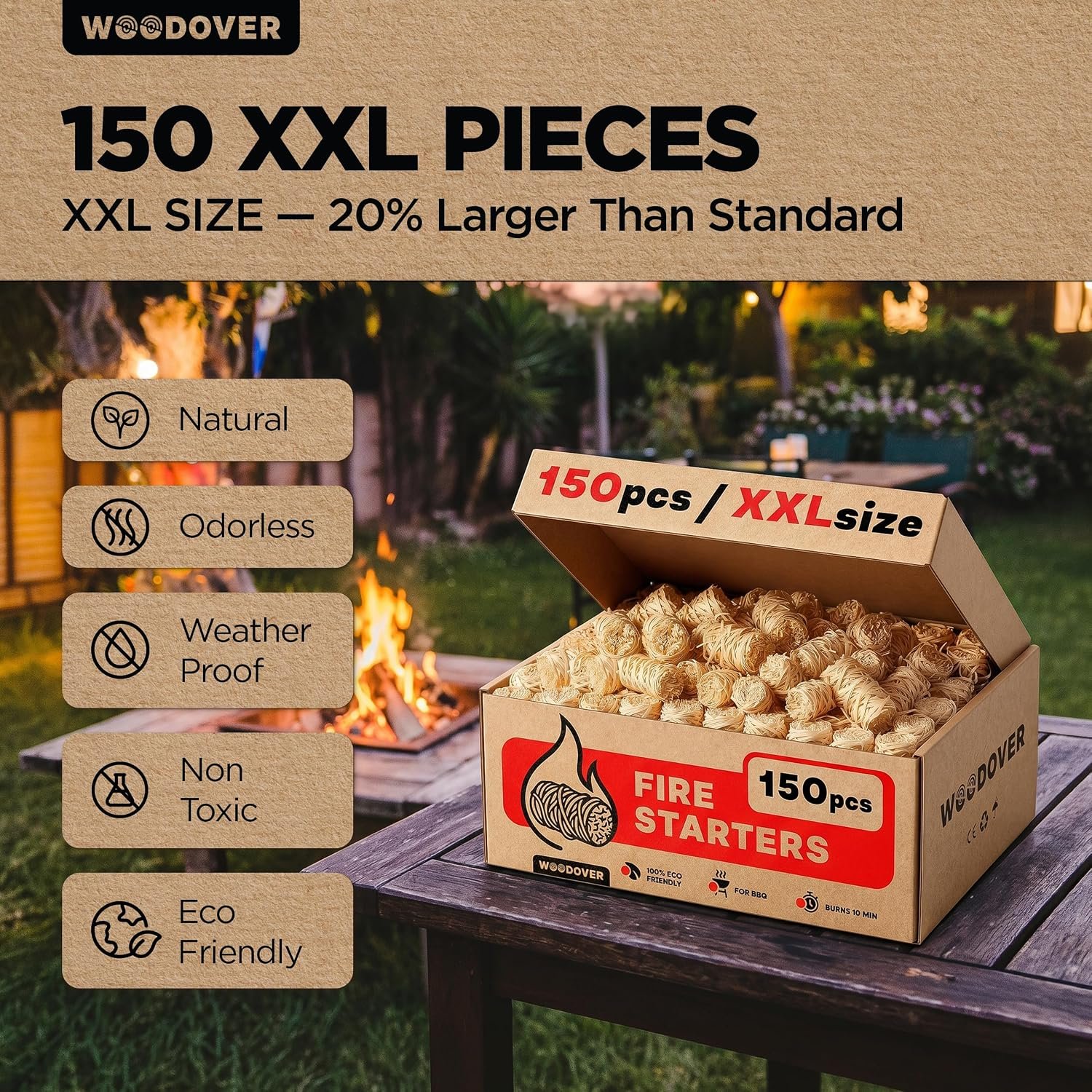 WOODOVER 150 pcs Large Fire Starters for Fireplace, Natural Fire Starter for Campfires, for Wood Stove, BBQ, Grill, Pizza Oven, Outdoor Fire Pit, Chimney Charcoal Starter - Image 2