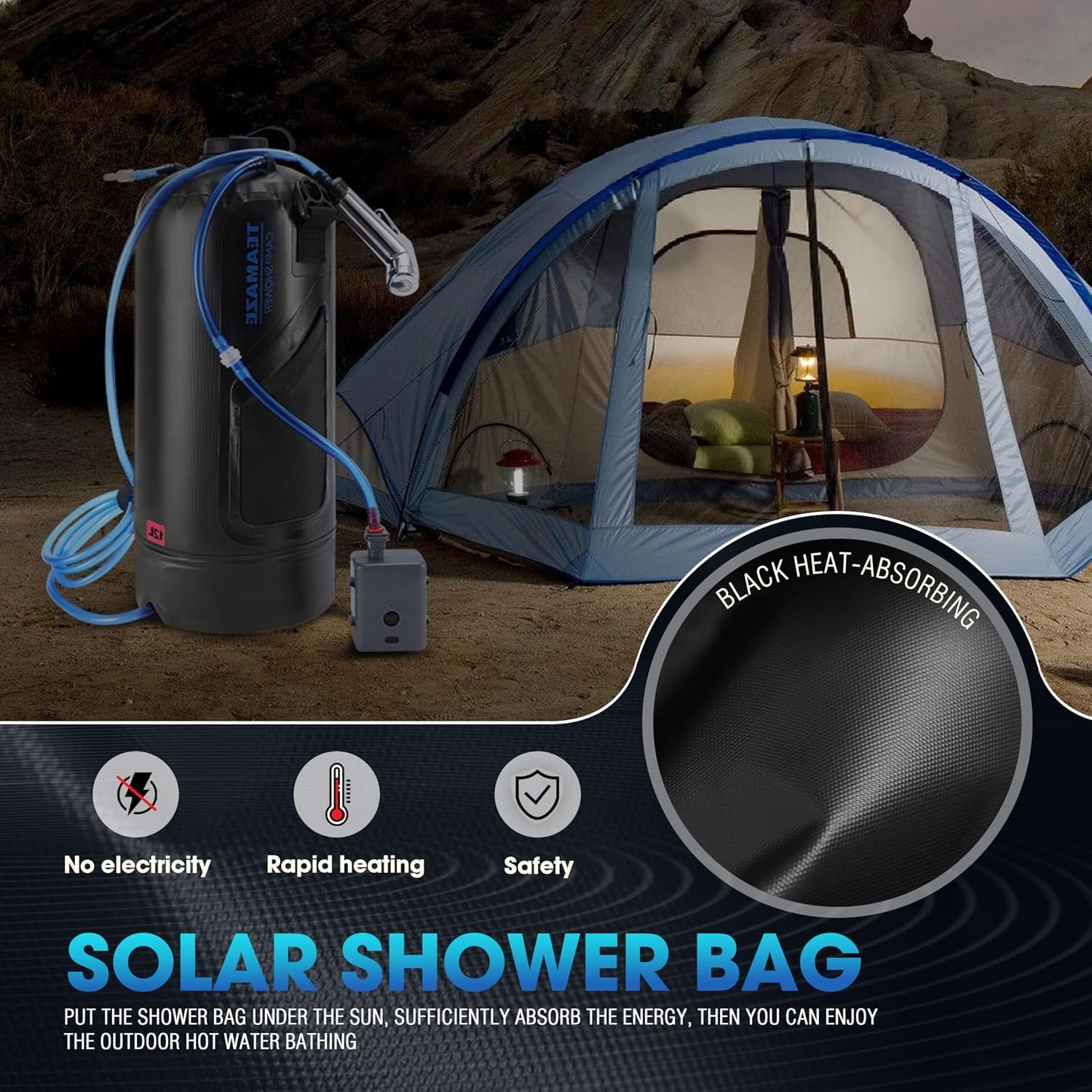 Portable Shower,12L/3.2 Gal Solar Camping Shower Bag with Auto Pressure Pump,Portable Outdoor Shower for Camping,Beach,Hiking,RV,Pet Bath - Image 7