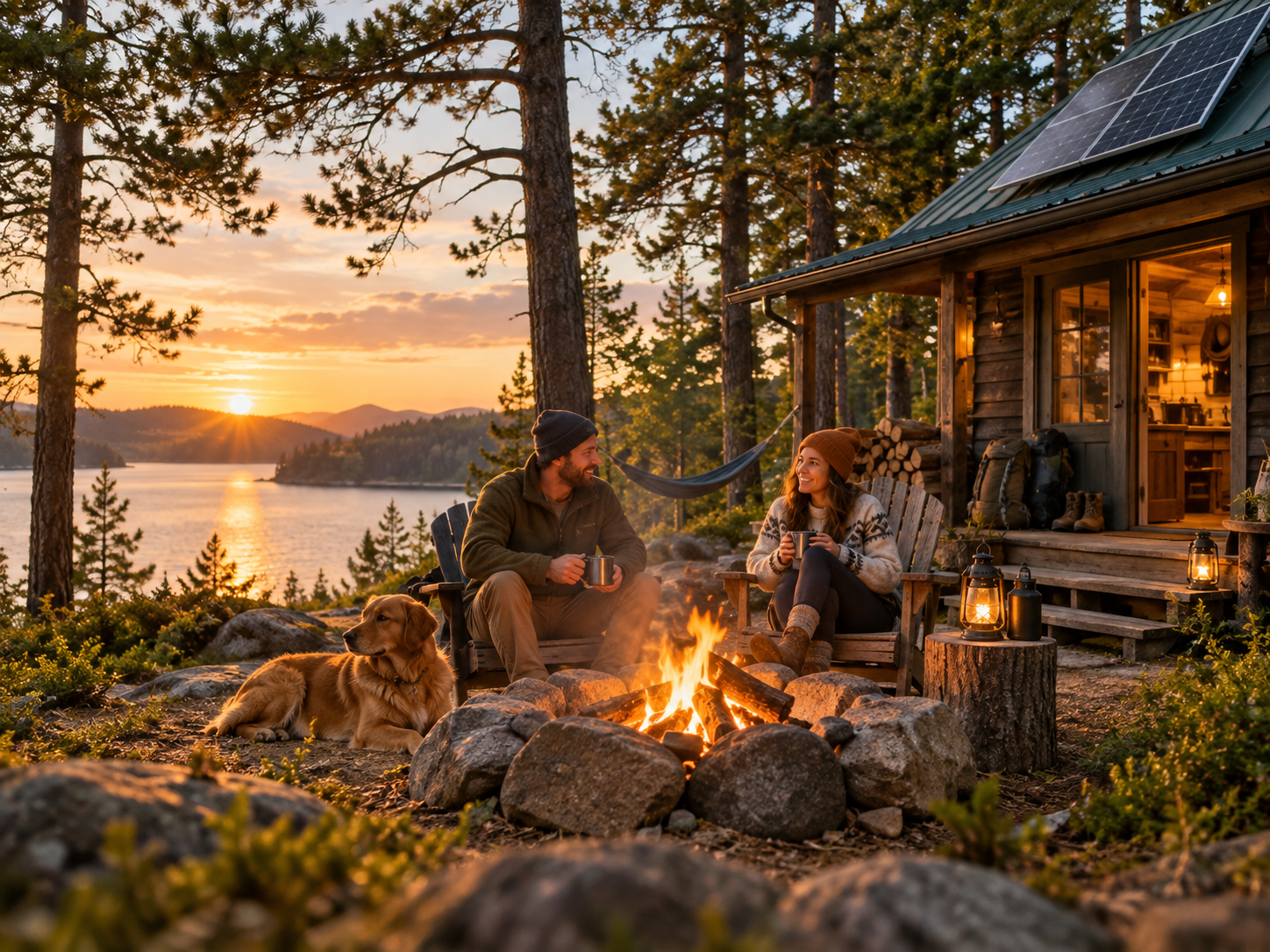 A peaceful outdoor camping setup surrounded by mountain wilderness
